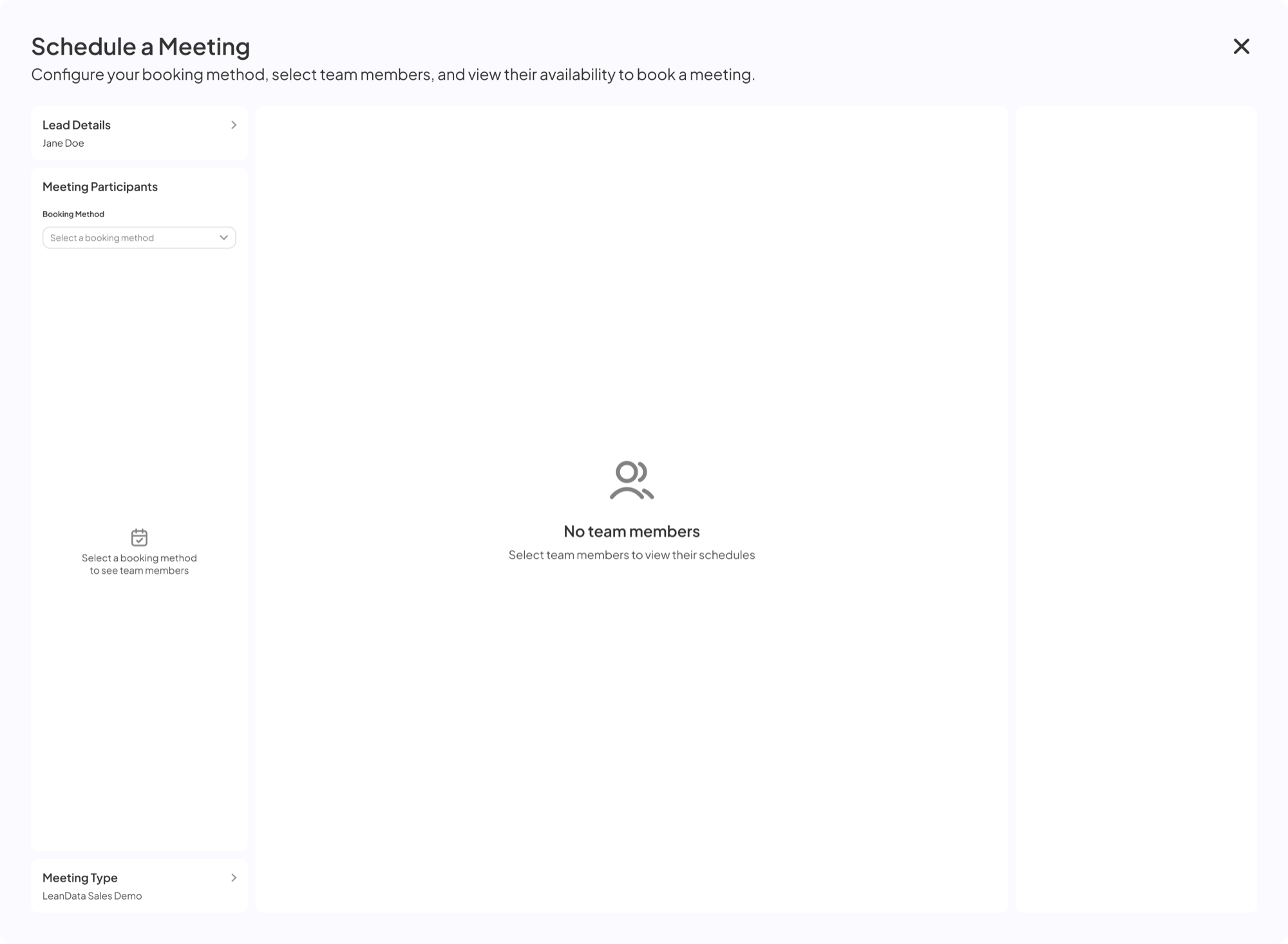 Schedule a Meeting modal — booking method not selected