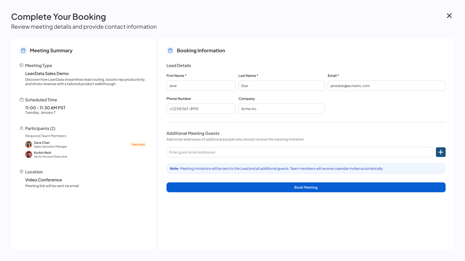 Booking confirmation with editable name and email