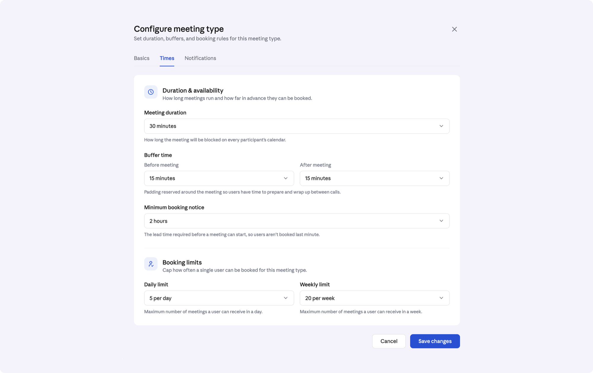 Configure meeting type: duration, buffers, minimum notice, and daily and weekly limits