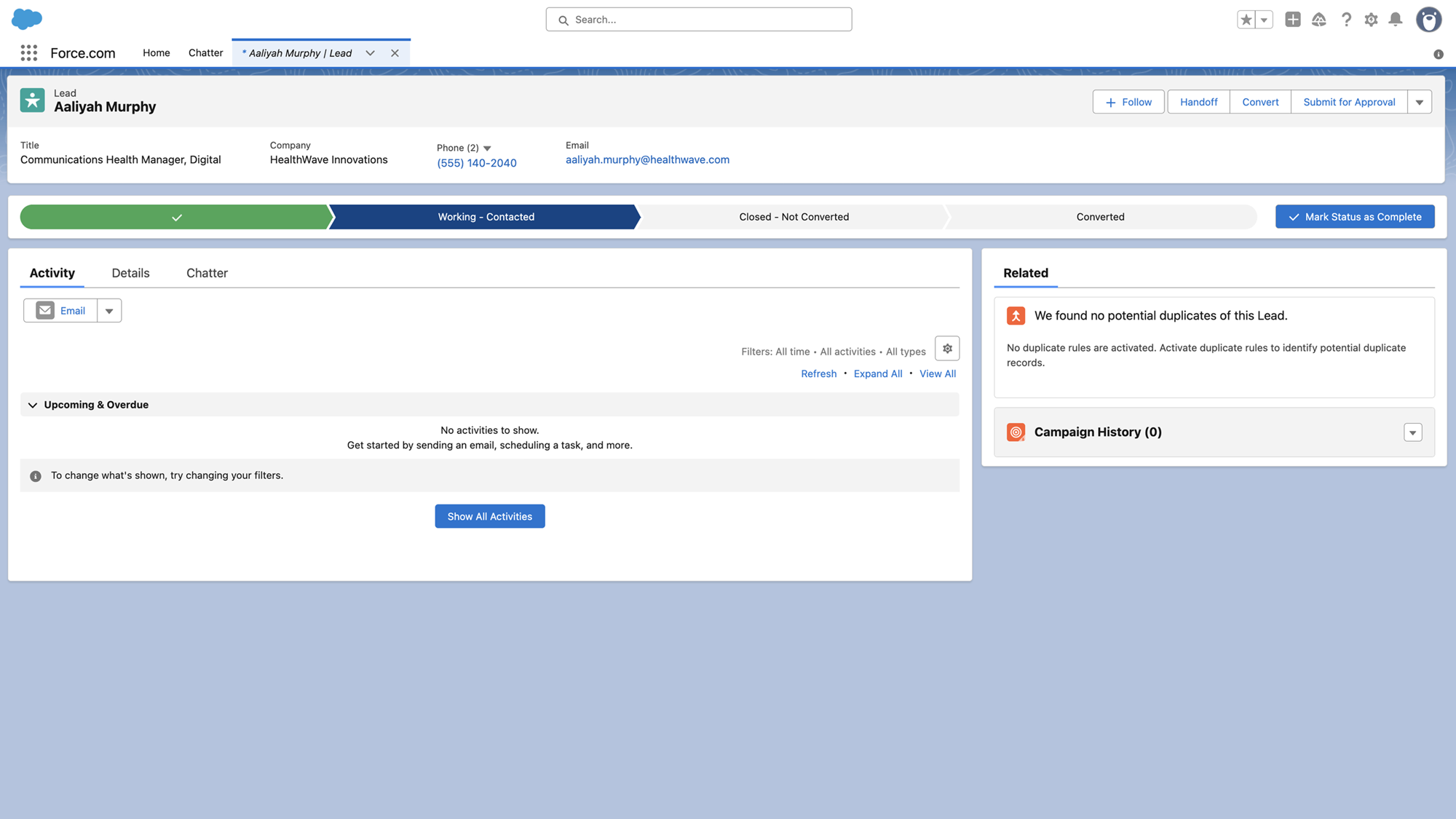 Salesforce lead record with Handoff button