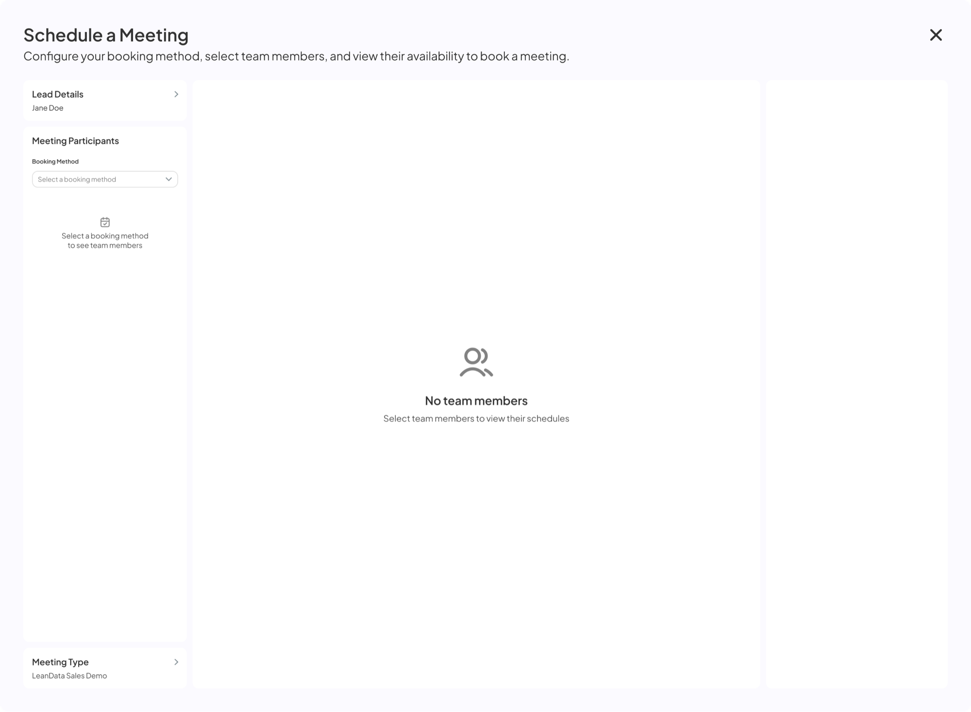 Schedule a Meeting modal — booking method not selected