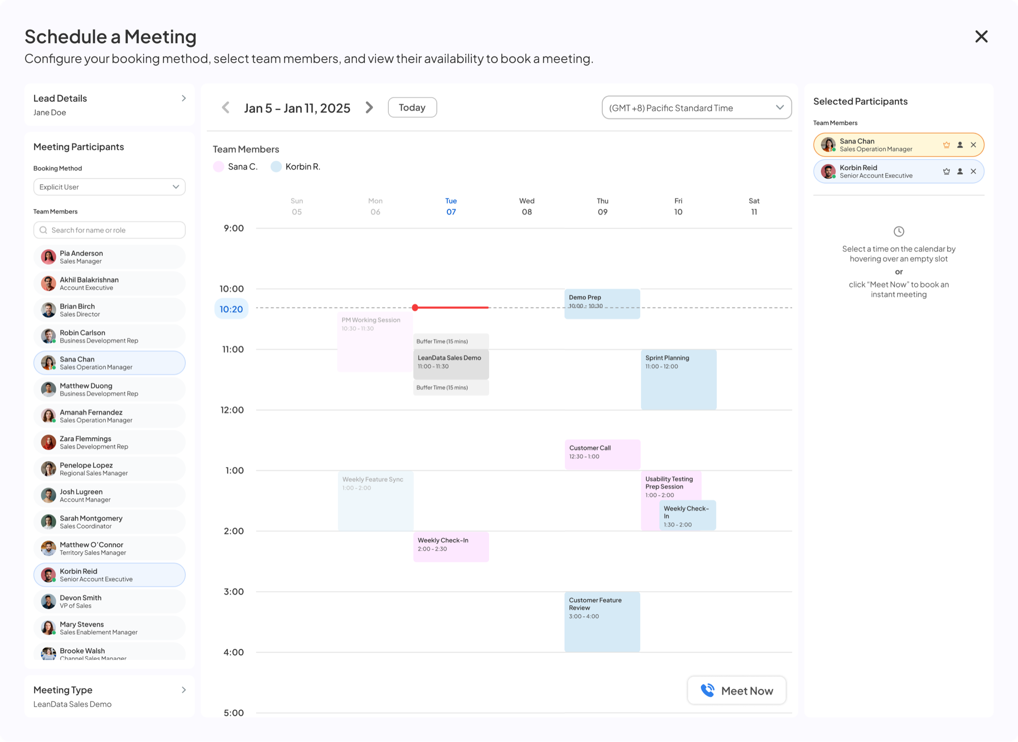 Hover on empty slot — tooltip previews LeanData Sales Demo with buffer times