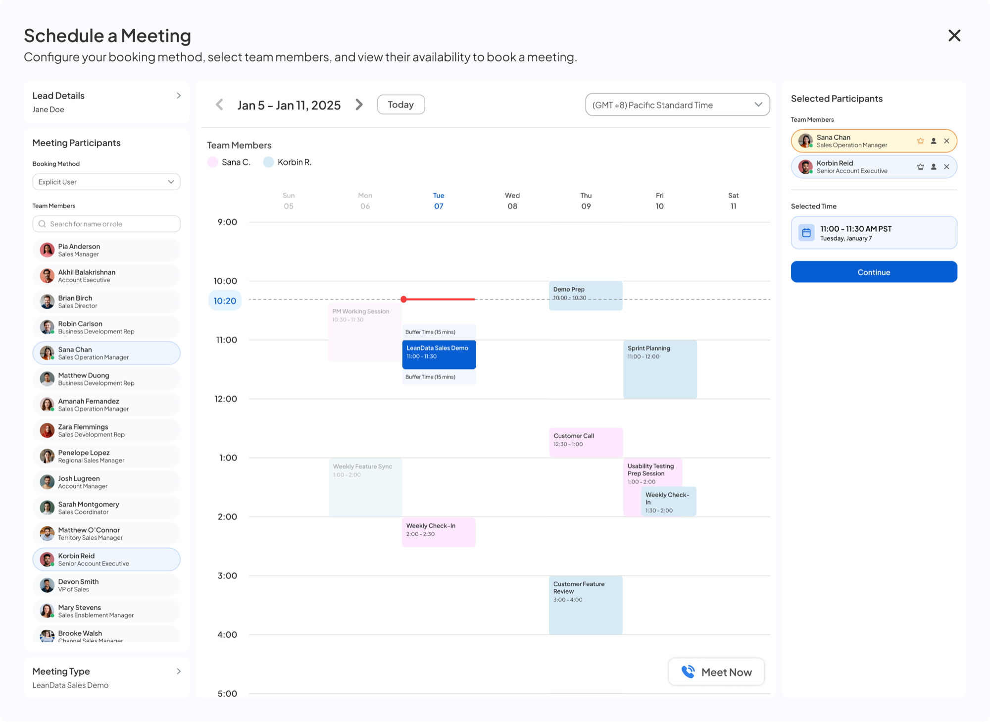 Time slot clicked, Selected Time shown with Continue button