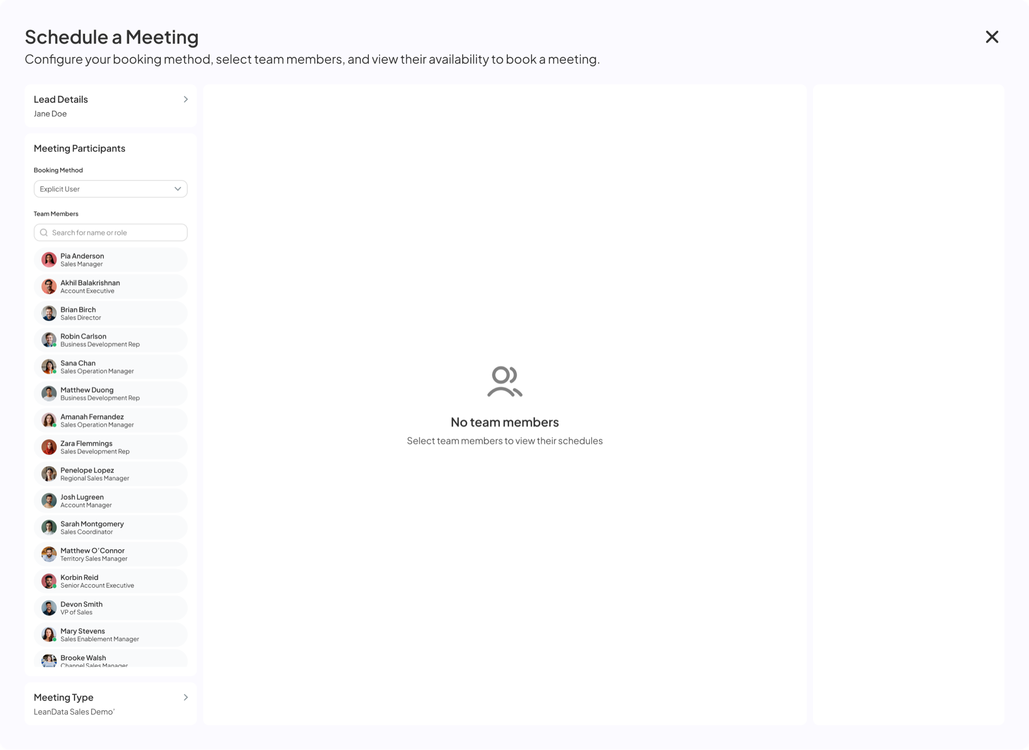 Schedule a meeting modal — empty state, team list ready to pick from