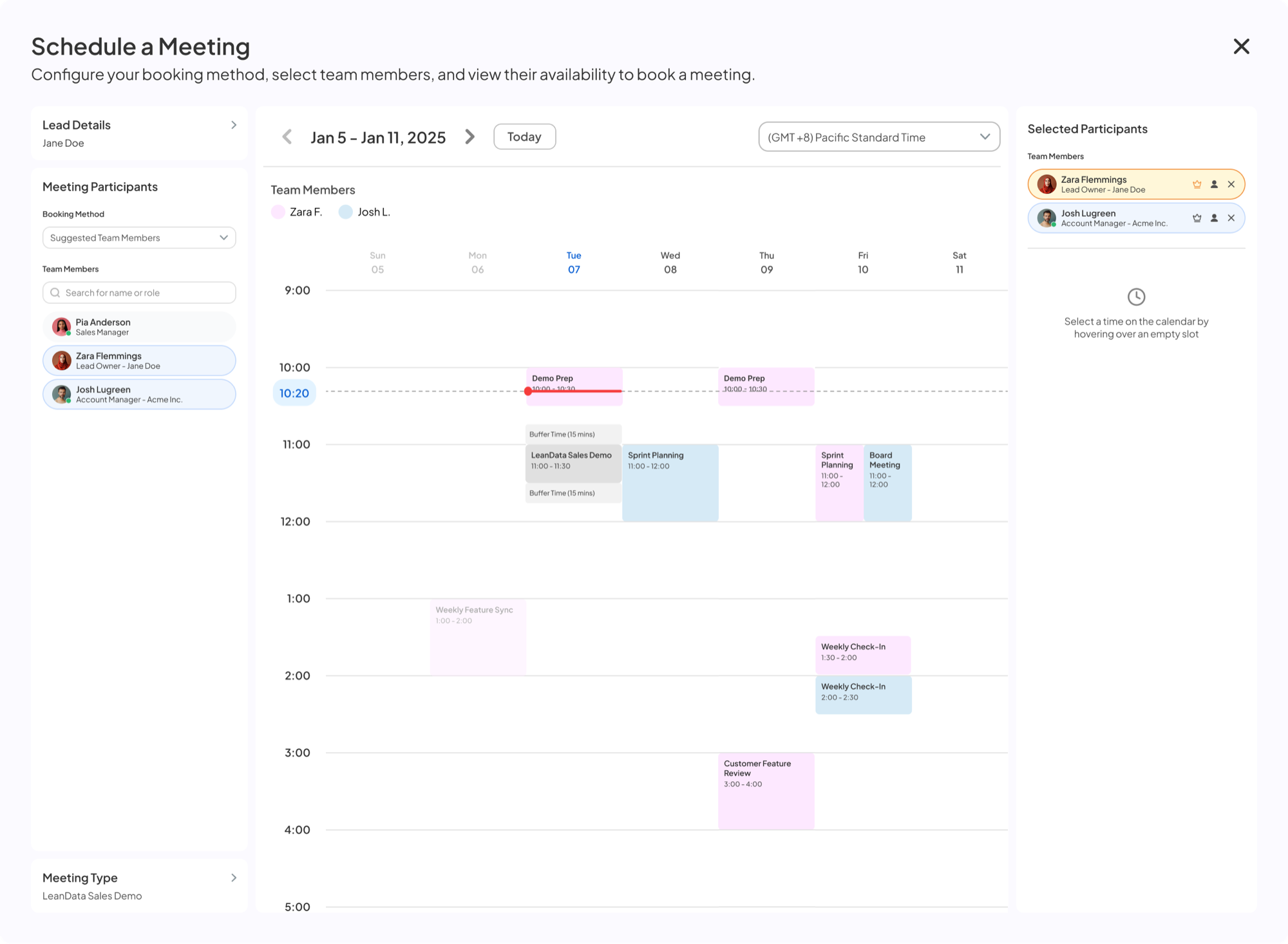 Hover over a time slot — tooltip shows existing meeting and buffer times