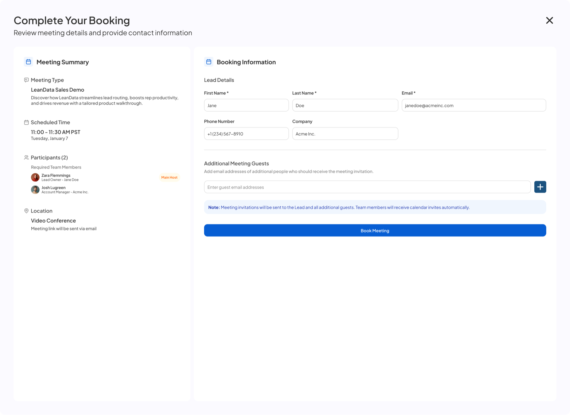 Complete Your Booking page with lead details and Book Meeting button