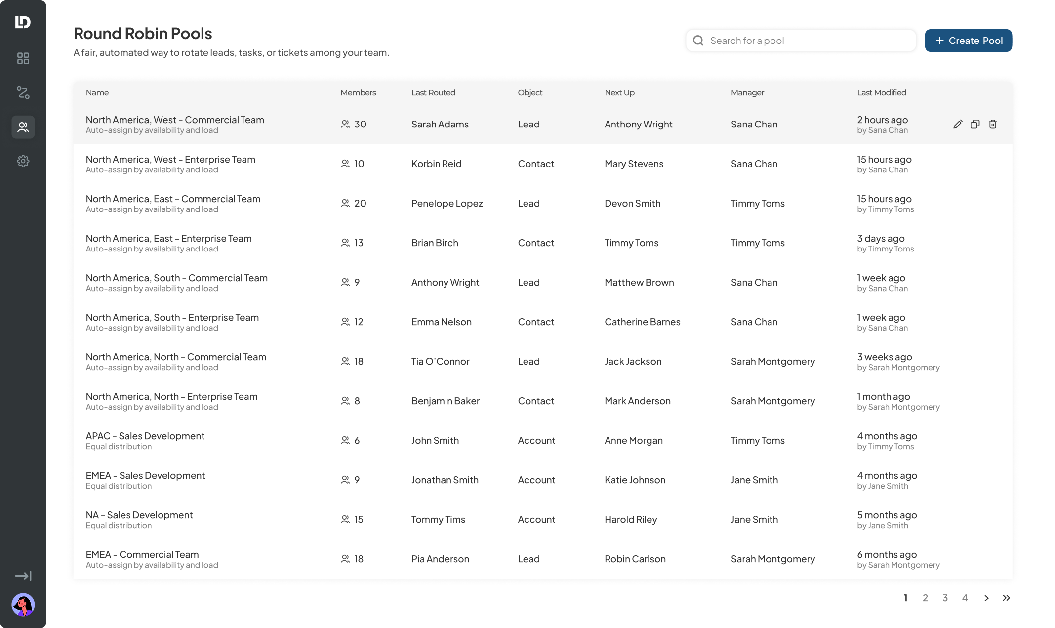 First pool row highlighted on hover