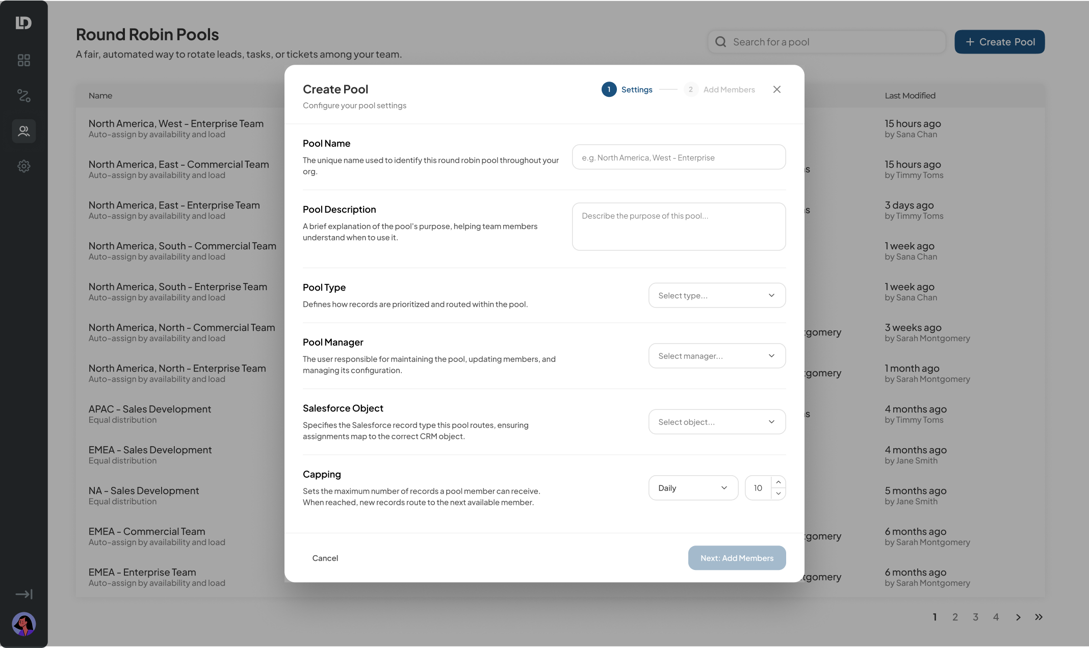 Create Pool modal open, settings step empty