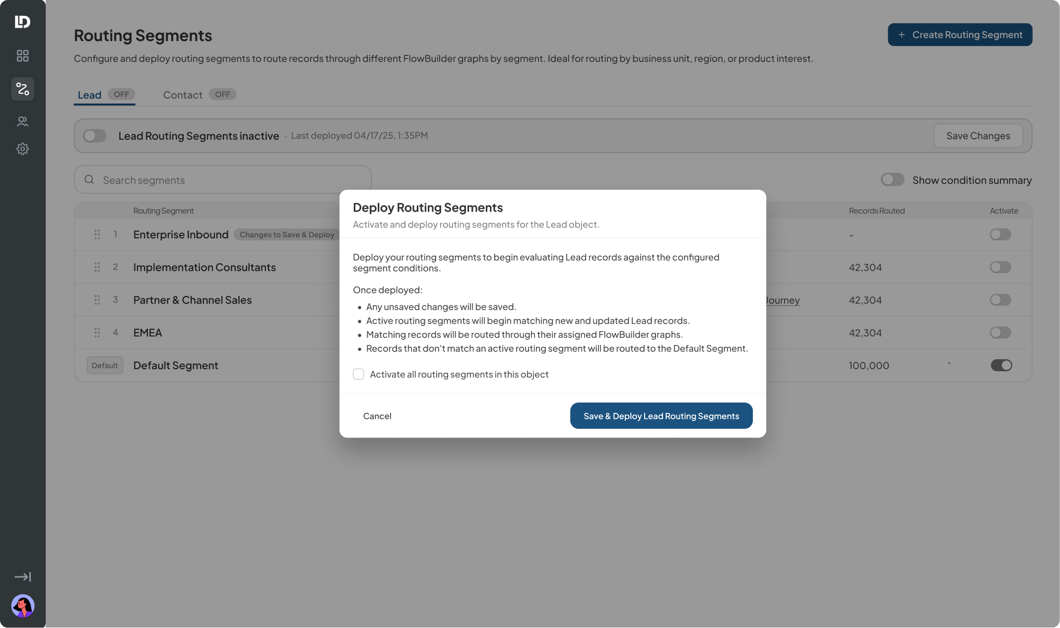 Activate Lead Routing Segments toggle clicked in banner