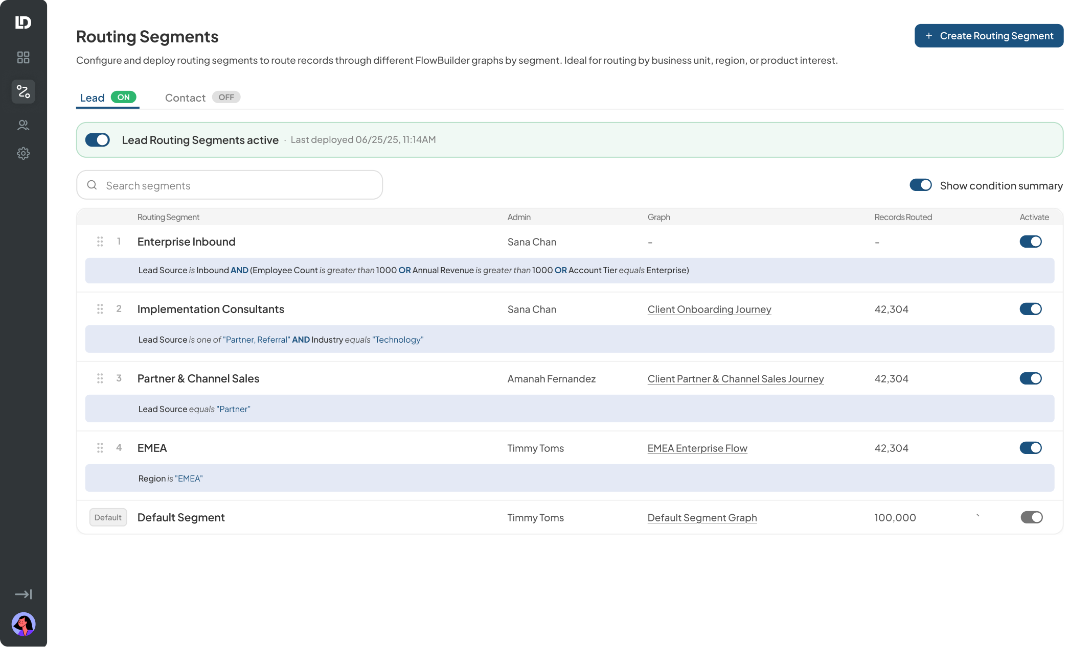 Show condition summary toggle on — plain-language summaries visible per row