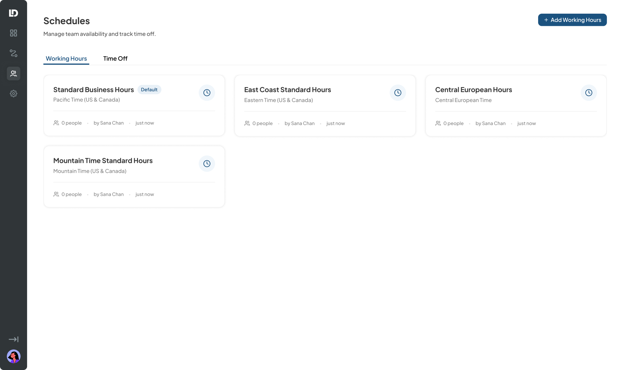 Schedules list view with Add Working Hours button