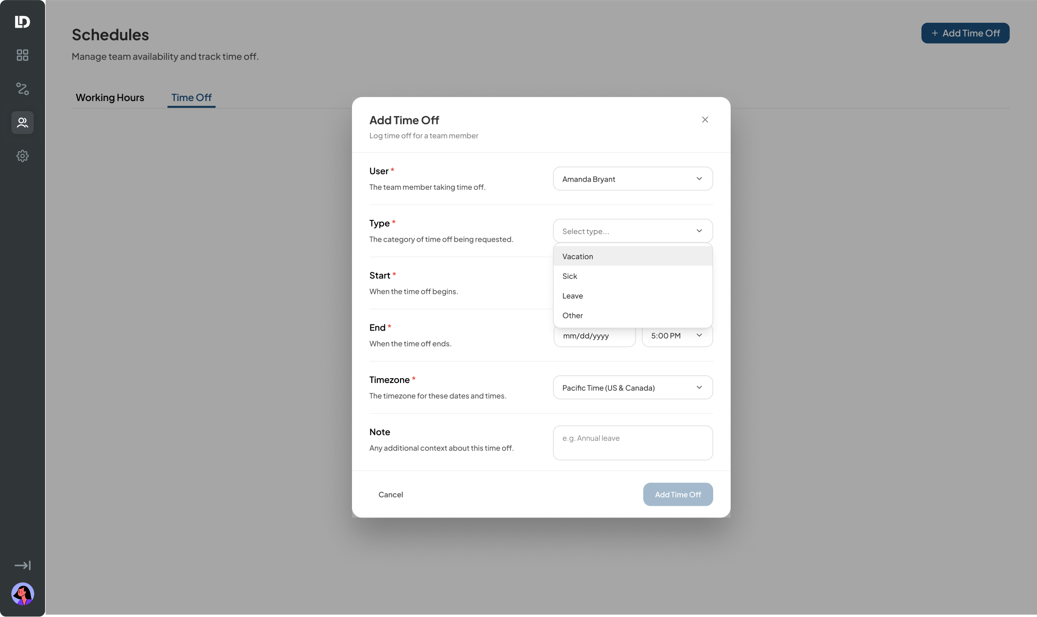 Vacation highlighted on hover in type dropdown