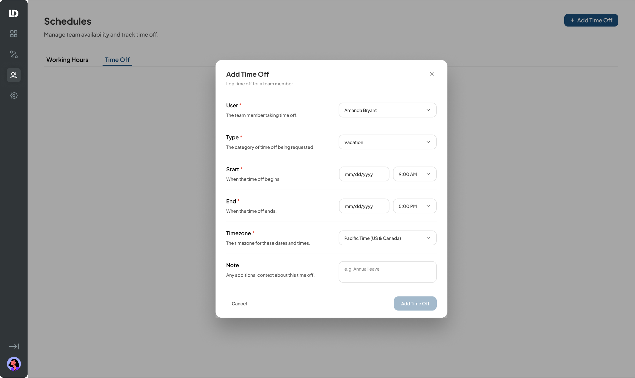 Vacation selected as type