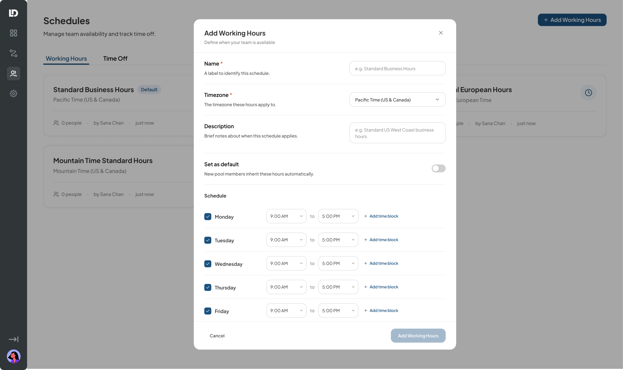 Add Working Hours modal open, empty form