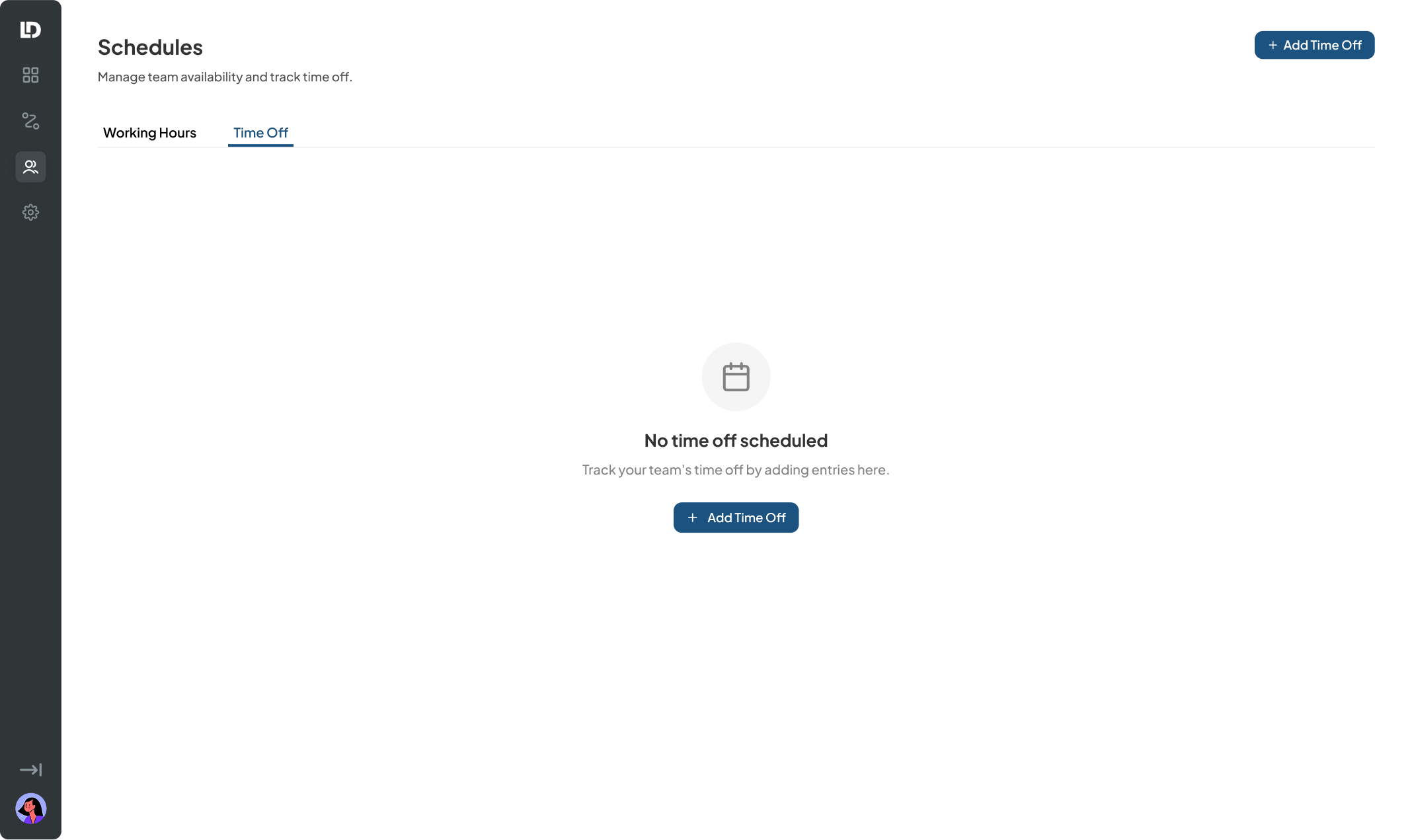 Time Off tab active, empty state with Add Time Off CTA