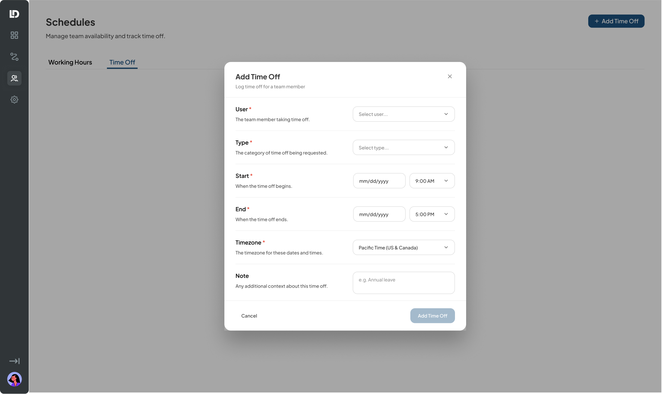 Add Time Off modal open, empty user dropdown