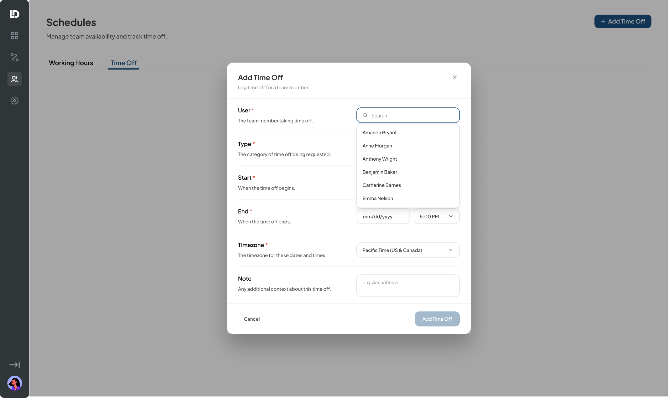 User dropdown open, list of users visible