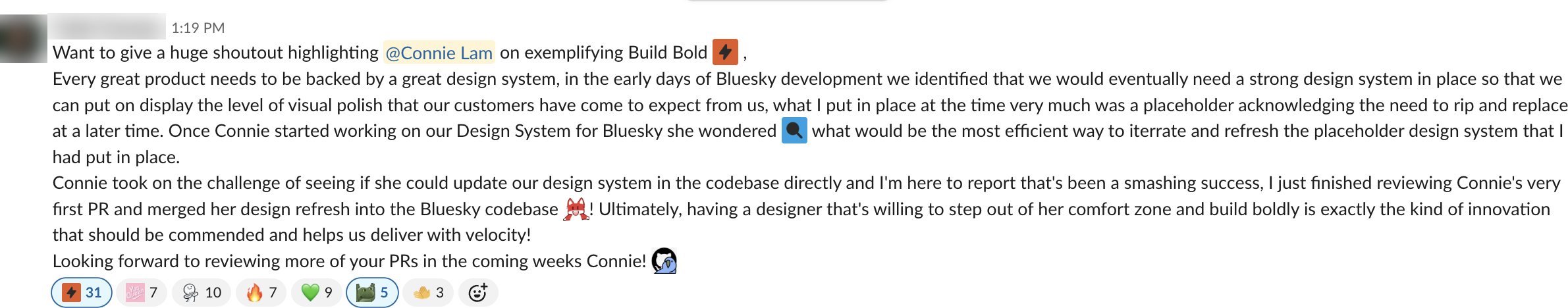 Slack shoutout from engineering after the design refresh PR merged