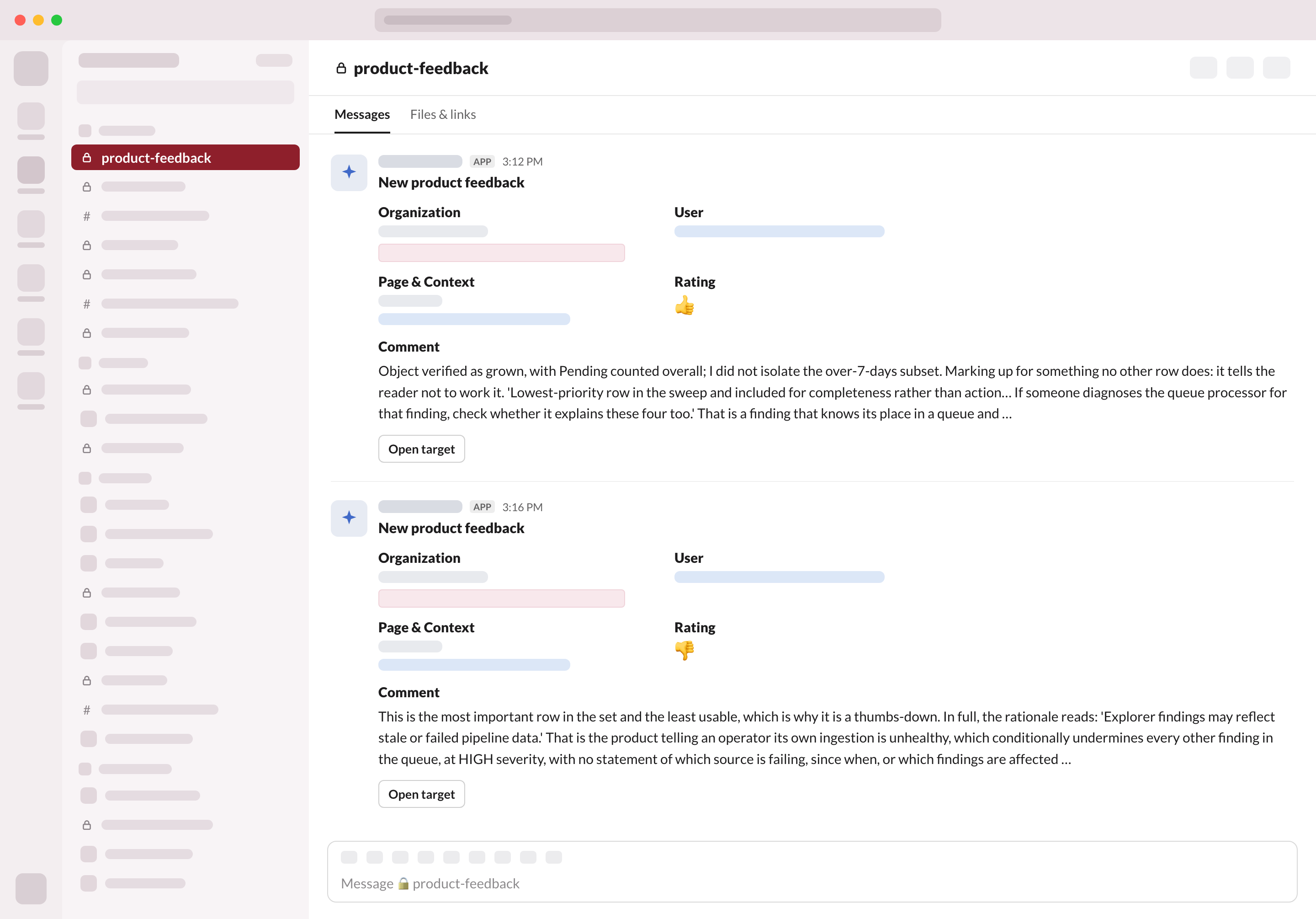 Feedback posts in Slack: each one carries the rating, the comment and the page it came from (details anonymized)