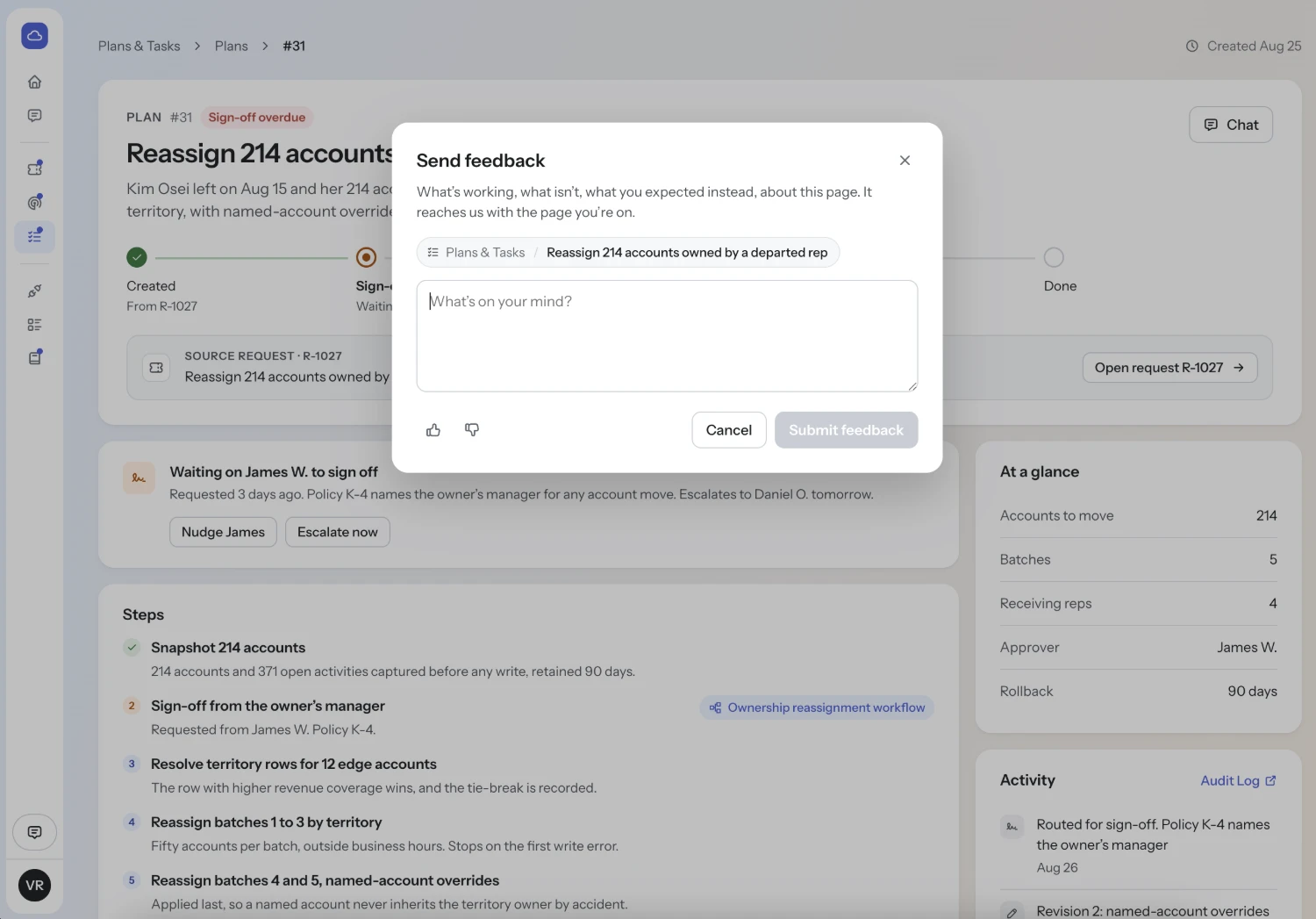 Send feedback modal, tagged with the page it came from