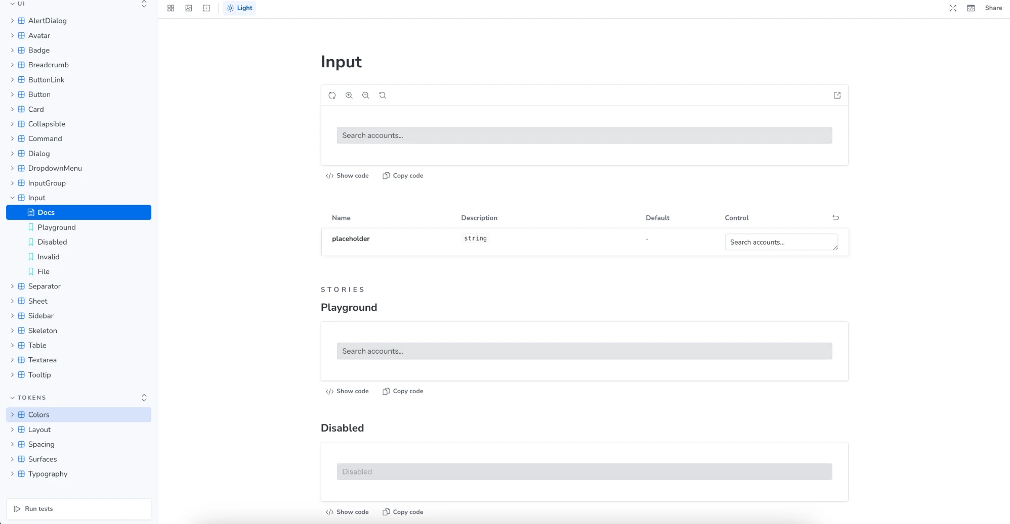 Storybook docs for the Input component: live preview, props table and stories