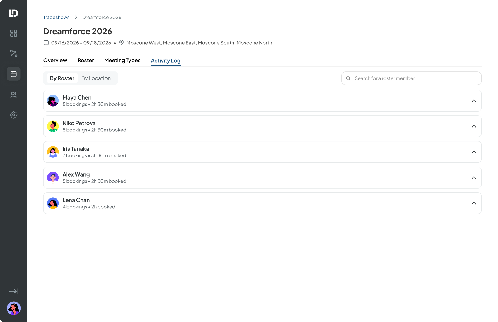 Activity Log, By Roster view