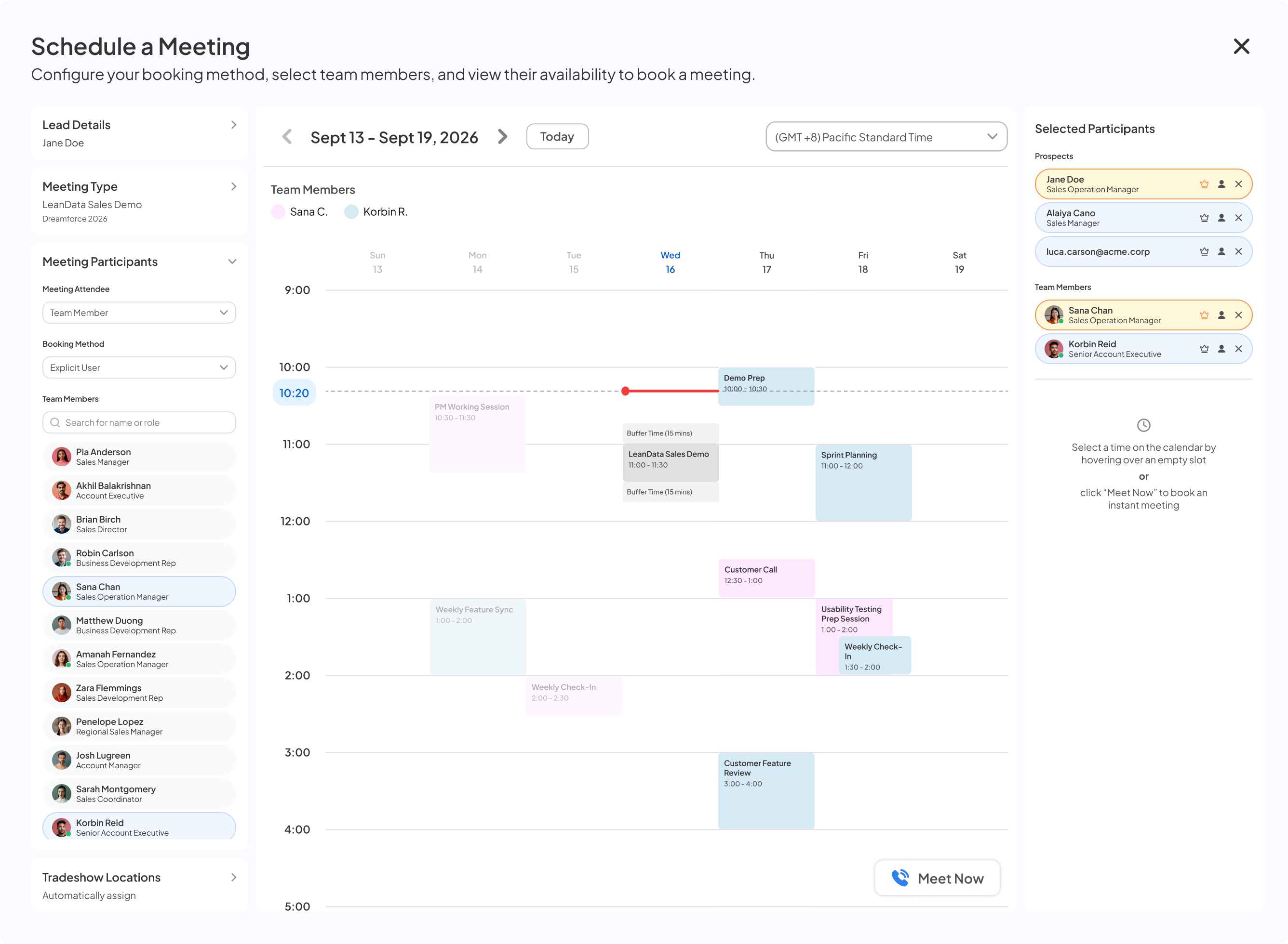 Team availability shown on the live calendar