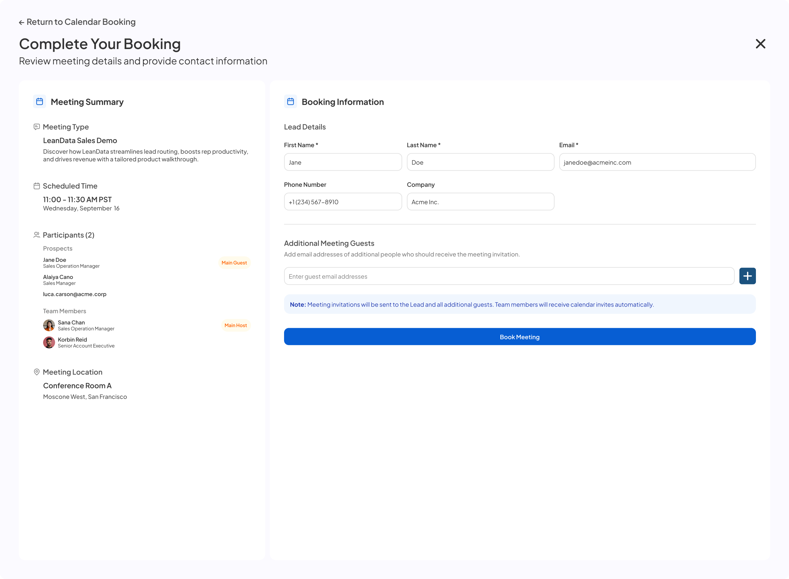 Complete Your Booking — room auto-assigned to Conference Room A