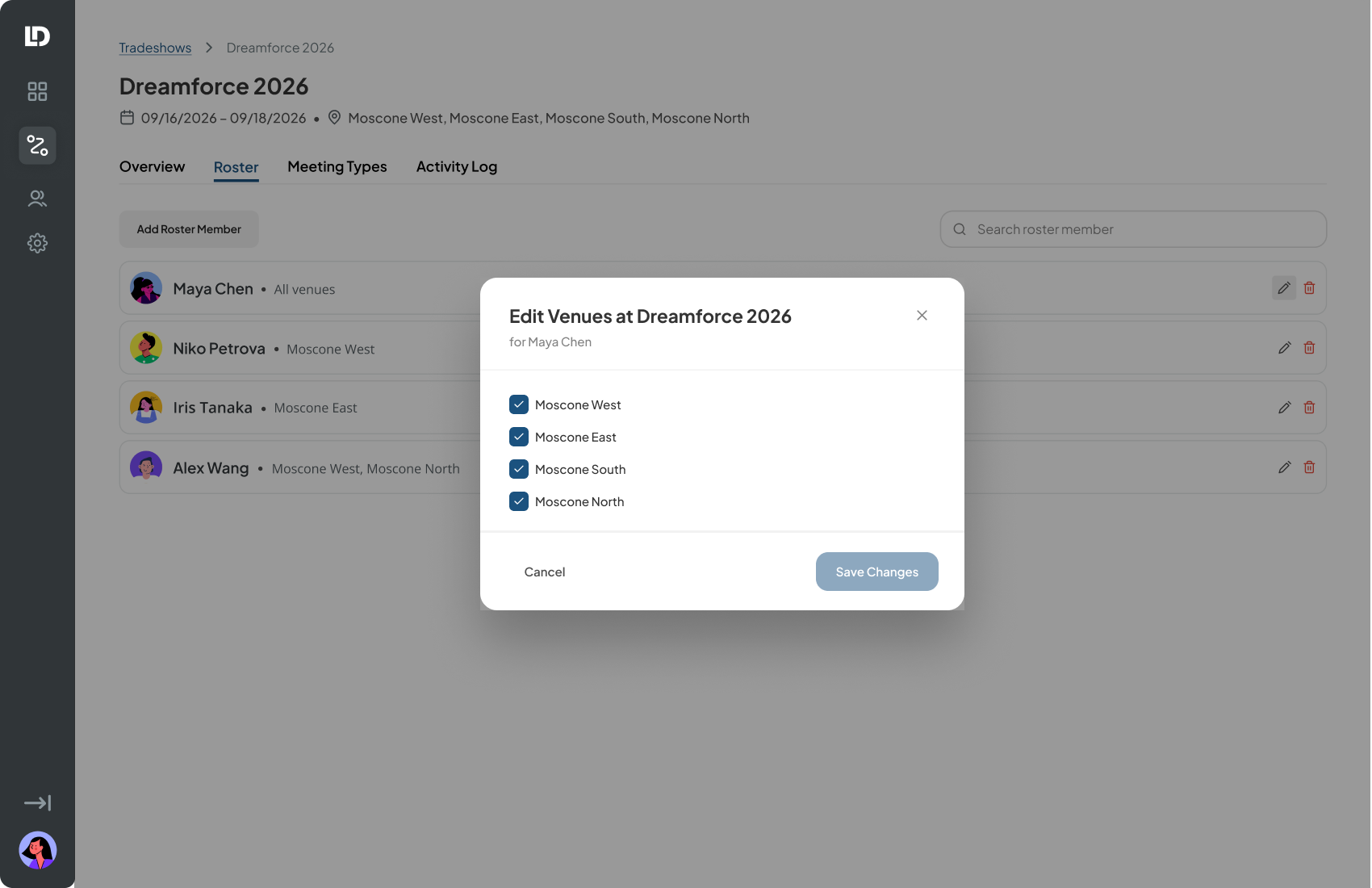 Edit Venues modal open for Maya Chen, all four venues checked