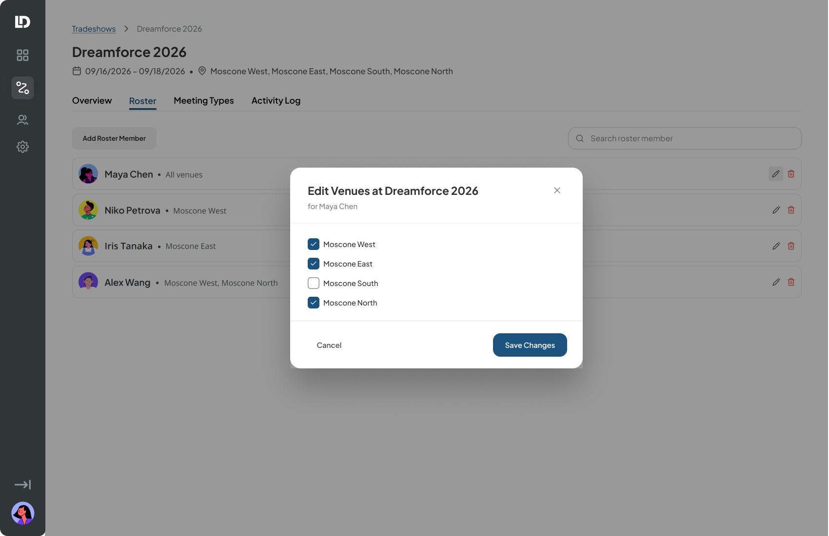Moscone South unchecked, Save Changes now enabled