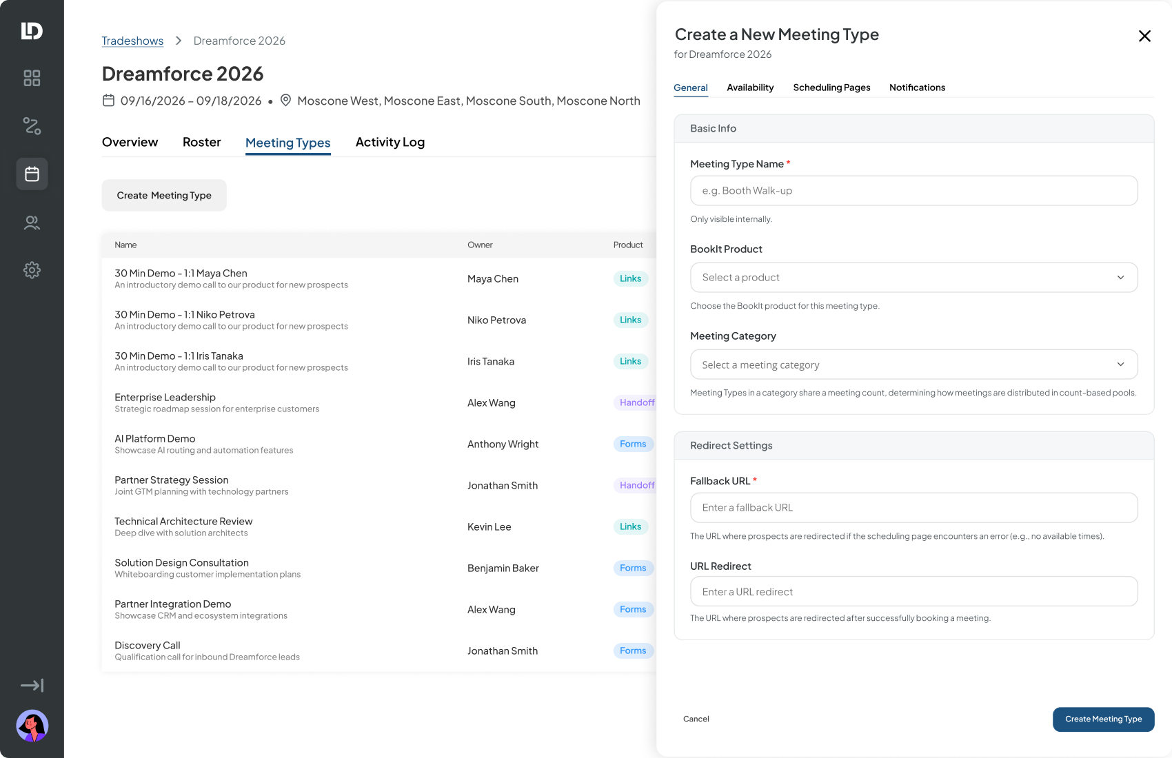 Create a New Meeting Type drawer, General tab