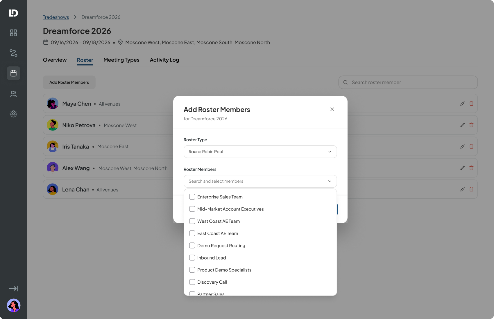 Member dropdown open, listing round-robin pools