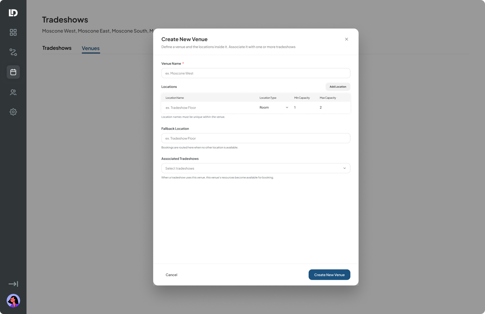 Create New Venue modal, empty